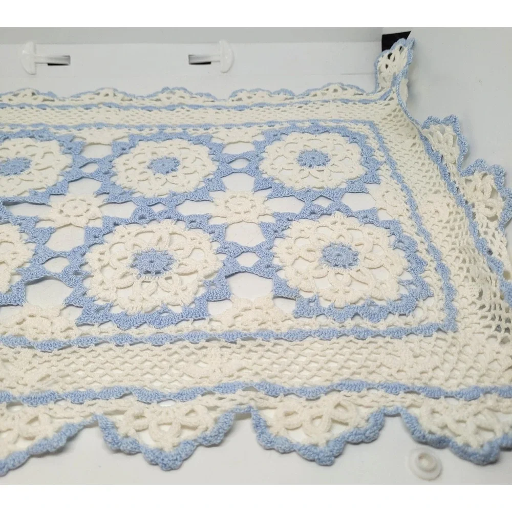 Vintage Set of 3 Crocheted Table Runner Placemat Potholder Blue White